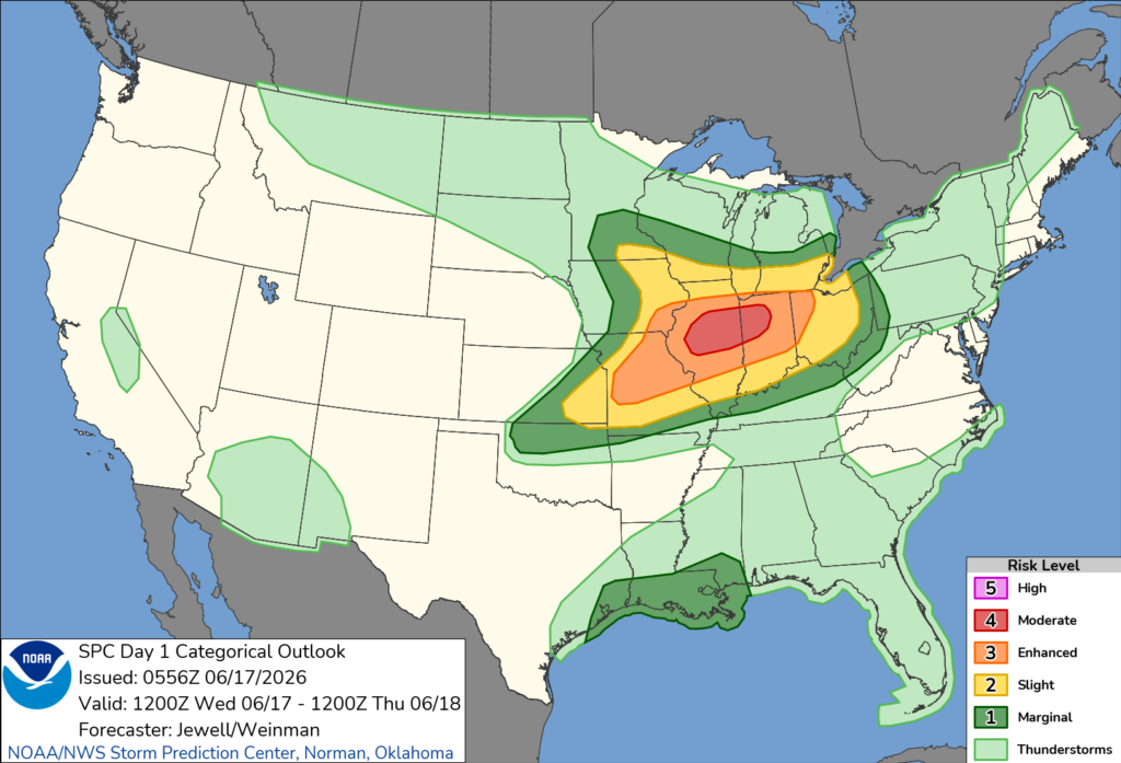Day 1 SPC Outlook for June 17 2026. Shows a moderate risk centered over Indiana and Illinois.