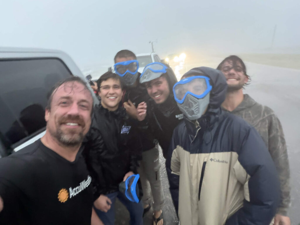 Selfie of the WBWX team with Reed Timmer in the outer eyewall of Hurricane Isaias.